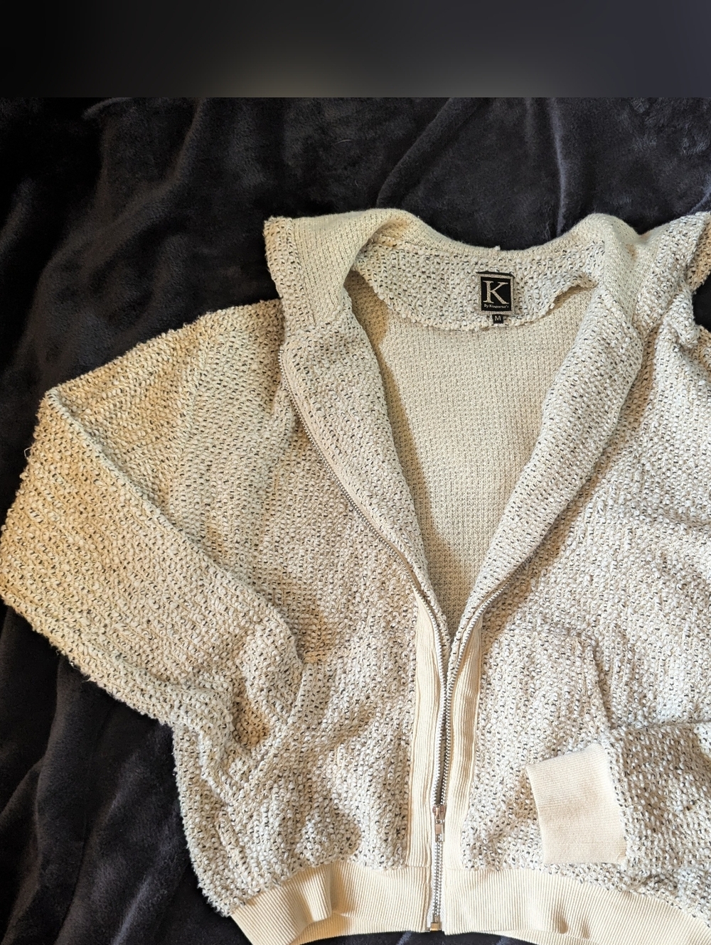 Kut from the Kloth Cream Textured Zip-Front Hoodie Cardigan